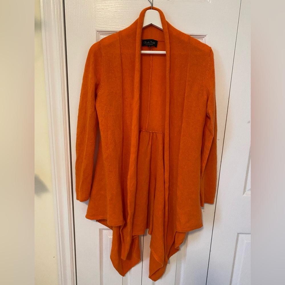 Claudia Nichole 100% Cashmere Open Front Long Cardigan Duster in Warm Orange Med